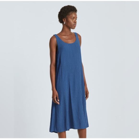 Everlane Cobalt Blue Crinkle Texture Scoop Neck Sleeveless Midi Shift Dress - Picture 1 of 7